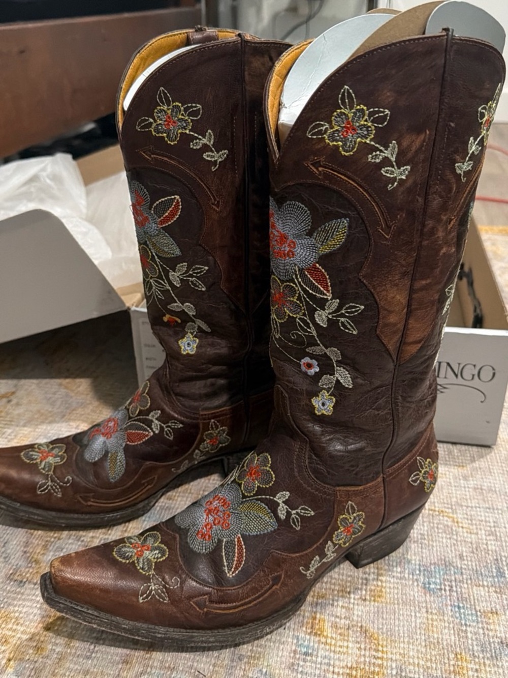 Old Gringo Brown Leather Cowboy Boots with Multicolor Floral Stitching